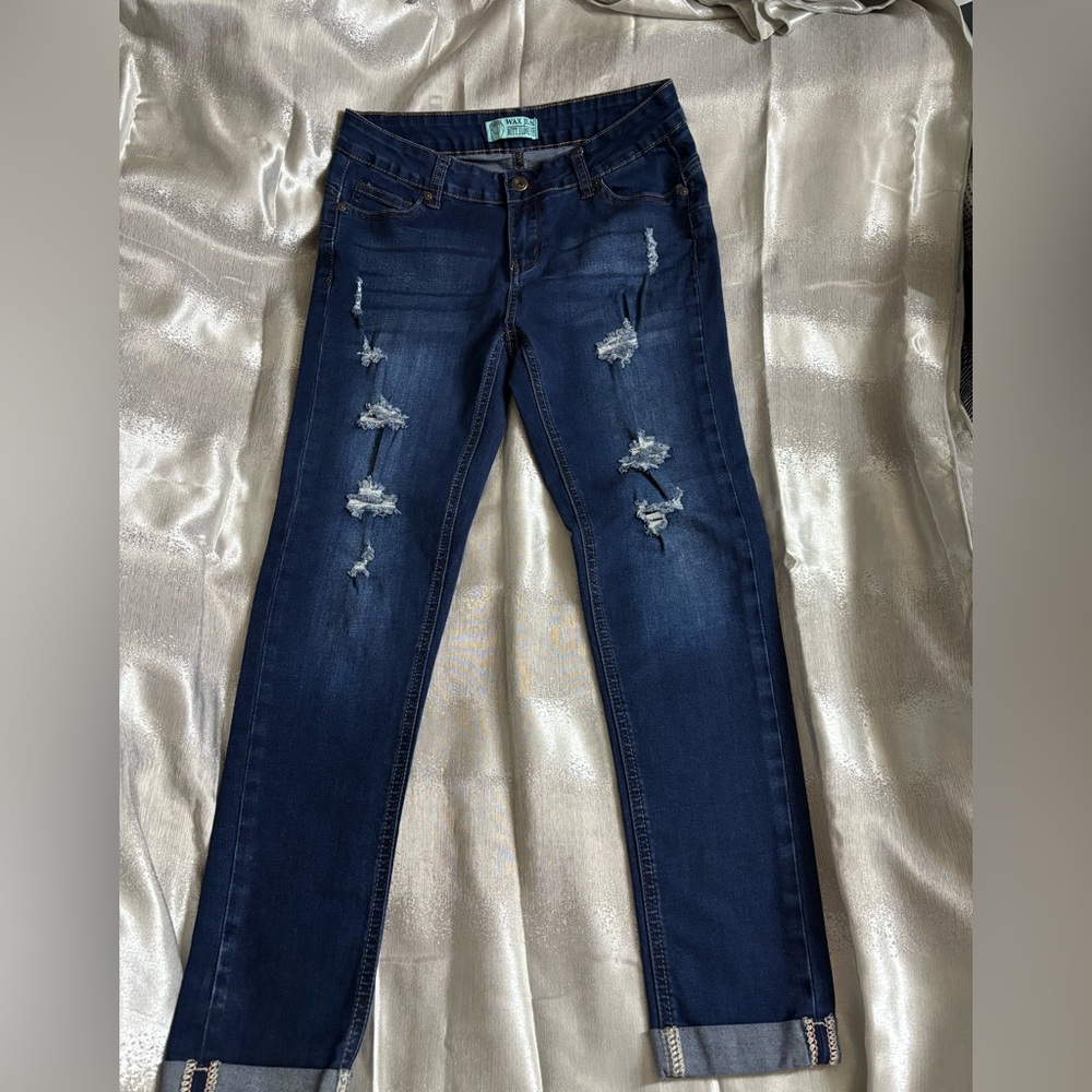 Wax Jean Distressed Dark Blue Skinny Jeans